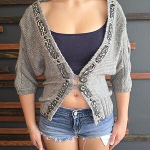 BKE Gray 3/4 Sleeve Cardigan with Embellished Trim Bling Buttons Like New Y2K